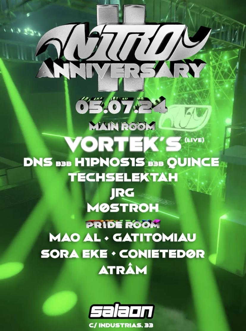 Nitro Ii Aniversary: Vortek'S (Live) + Pride Room + Many More Djs