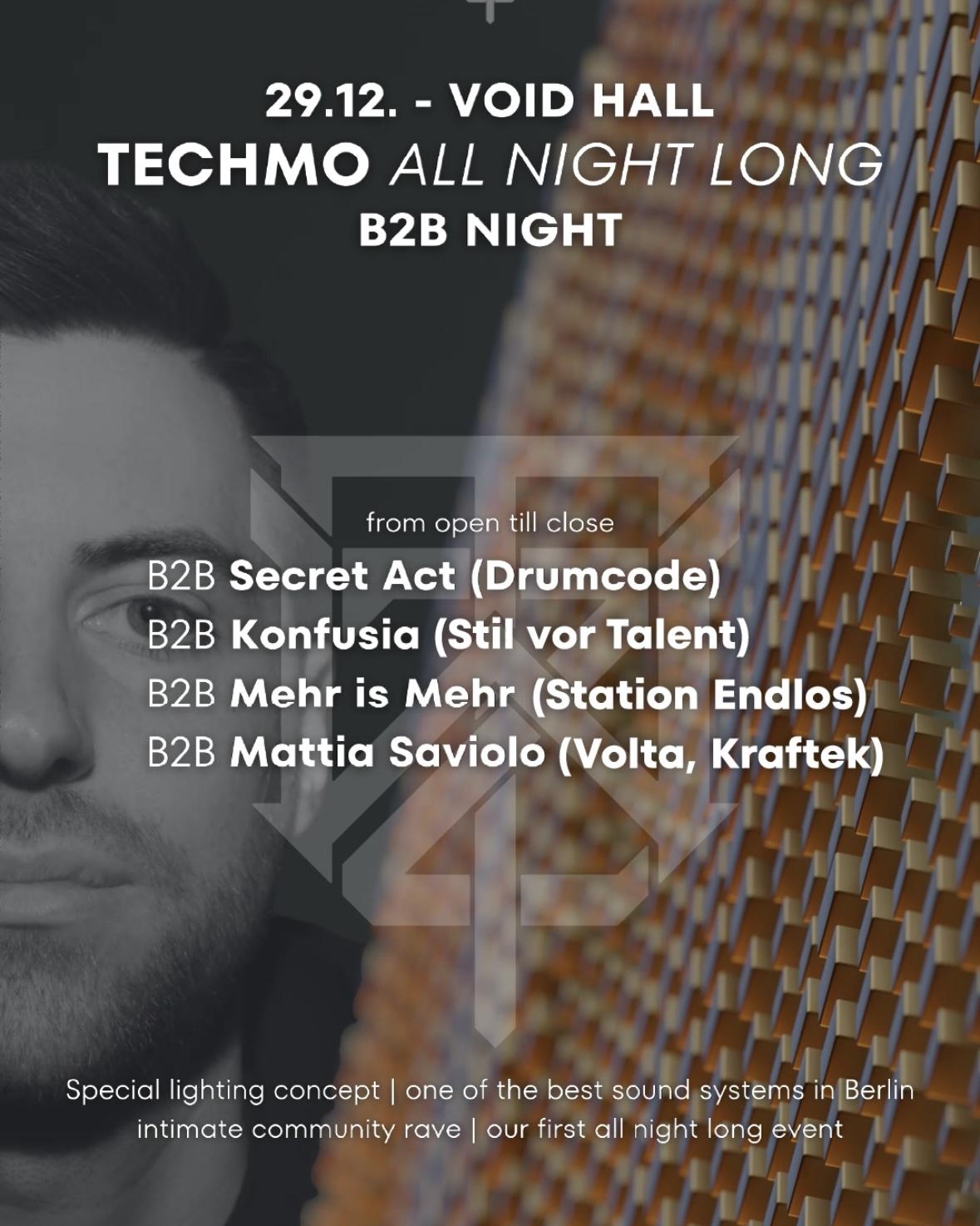 Wzt Pres Techmo All Night Long B2B Secret Act (Drumcode), B2B Mehr Is Mehr, B2B Konfusia