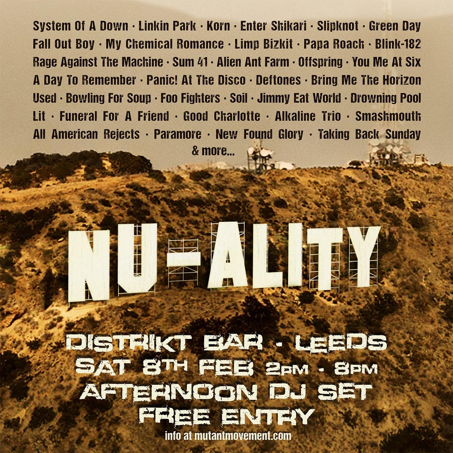 Nu-Ality Leeds: Free Entry All Day Nu-Metal, Emo, Pop-Punk Afternoon Dj Set