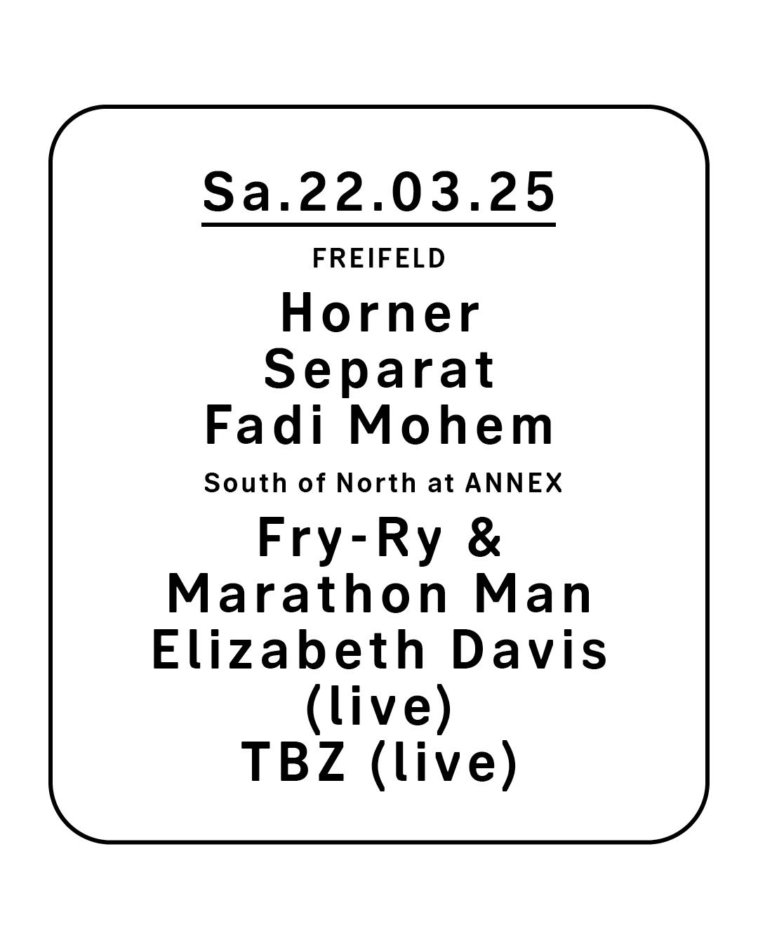 Clubnight: Horner, Separat, Fadi Mohem, Fry-Ry B2B Marathon Man, Elizabeth Davis, Tbz