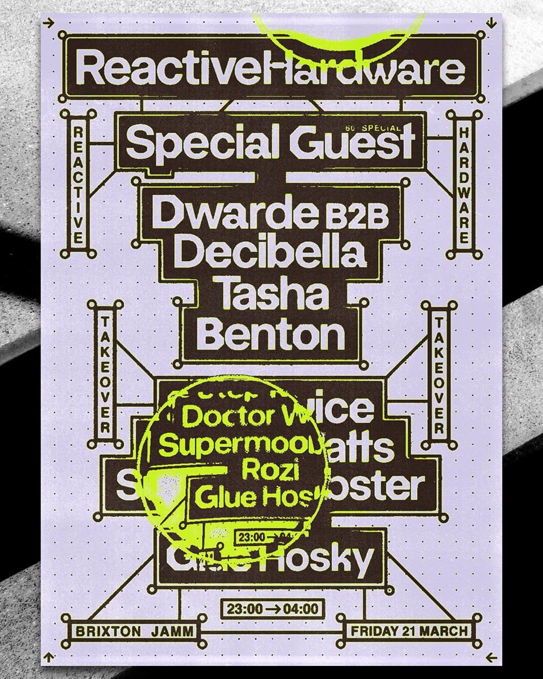 Reactive Hardware: Special Guest (160 Set), Dwarde B2B Decibella, Tasha, Benton + Step Twice 