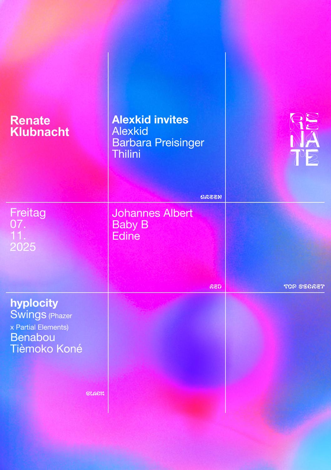 Renate Klubnacht W Benabou, Phazer B2B Partial Elements, Tièmoko Koné, Alexkid, Johannes Albert