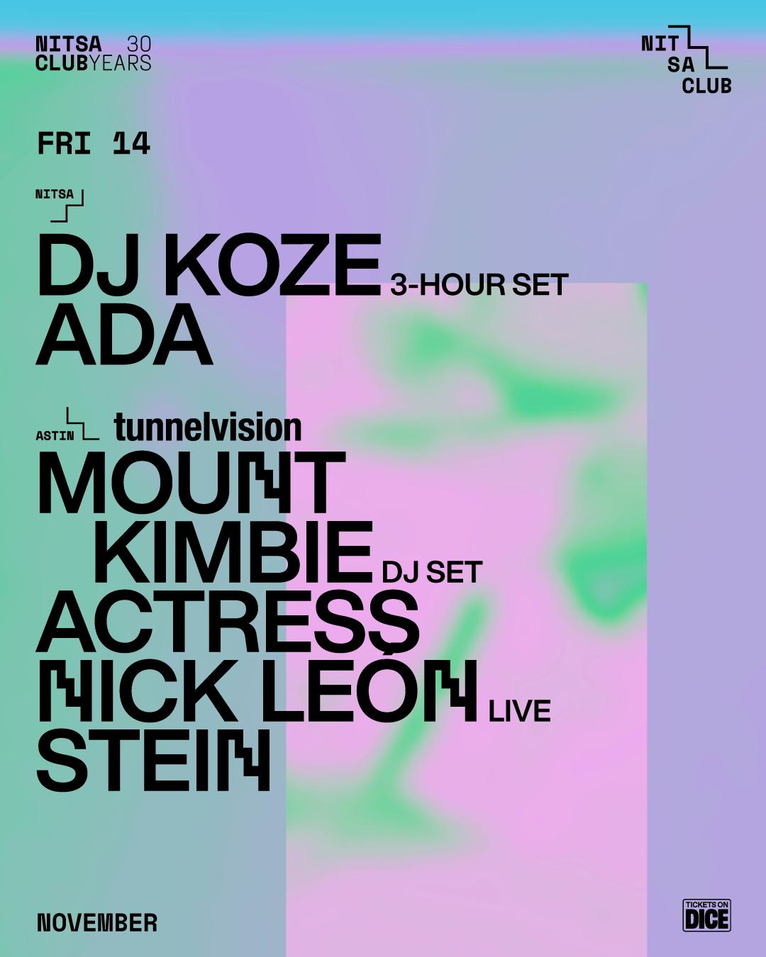 Dj Koze 3-Hour Set · Ada / Tunnelvision: Mount Kimbie Dj · Actress · Nick León Live · Stein